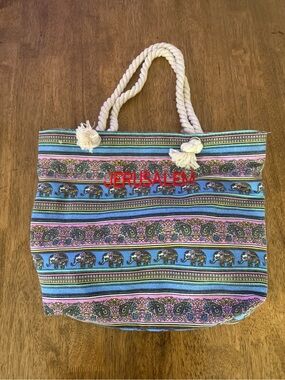 Jerusalem Striped Blue and Pink Elephant Print Tote Bag with Rope Handles